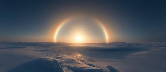 A halo around the sun shines over a snowy landscape with clouds below.