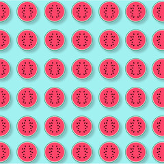 Seamless pattern with watermelon slices and tropic leaves. Vector illustration. Watermelon summer background