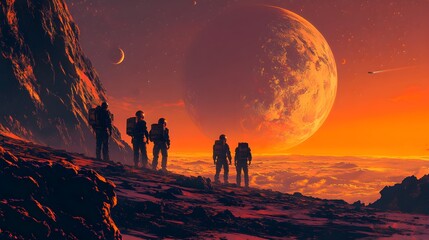 Fototapeta premium A group of space explorers in a circle, closely inspecting ancient artifacts on a mysterious alien moon, the horizon lined with craters and distant planets