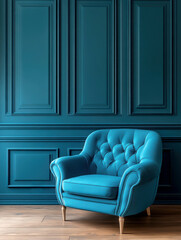 Elegant blue armchair against a stylish dark wall, modern interior design.