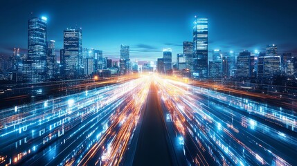 Obraz premium Futuristic Cityscape with Fast Moving Lights and Skyline