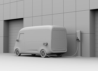 Clay rendering of Electric Delivery Van charging in charging station beside the buidling. 3D rendering image.