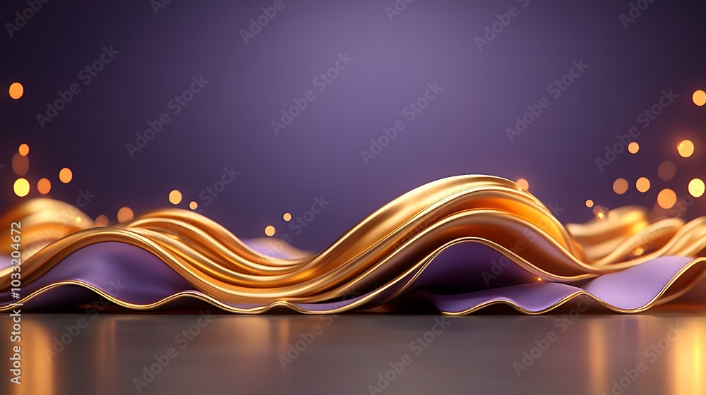 Poster elegant golden waves on a purple background with sparkling bokeh effects creating a dreamy atmospher