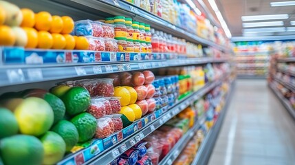 Fototapeta premium Fresh Produce and Groceries on Supermarket Shelves