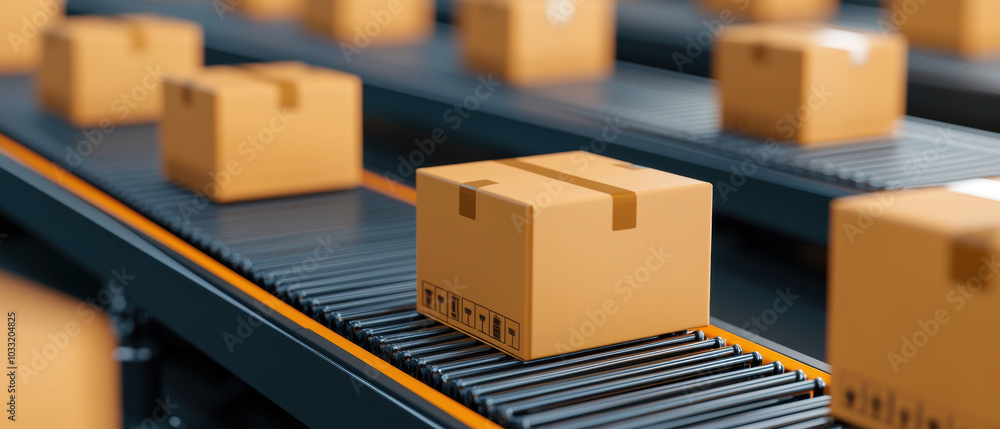 Poster a row of closed cardboard boxes moves along a conveyor belt in a modern warehouse, illustrating the 