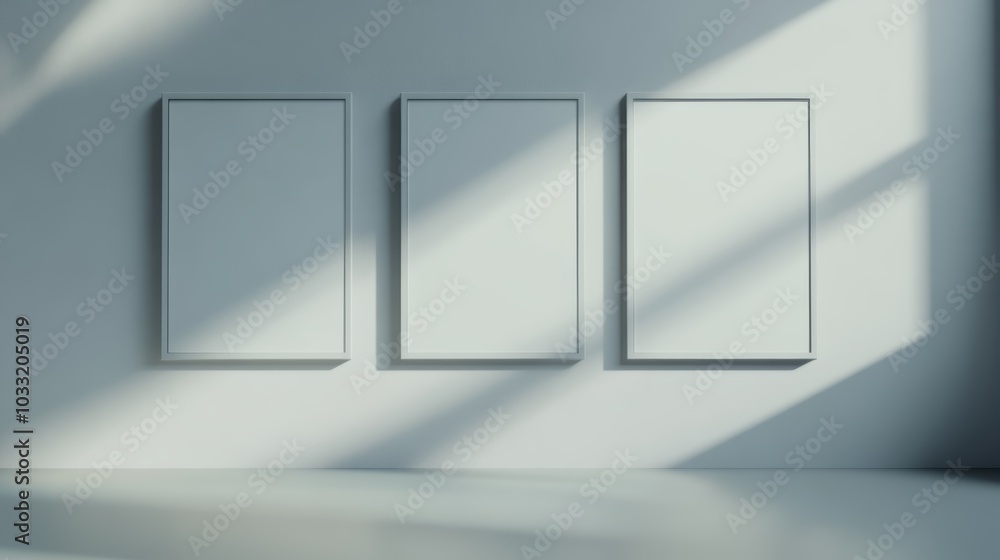 Poster minimalist interior featuring three empty frames on a wall, illuminated by soft natural light, creat