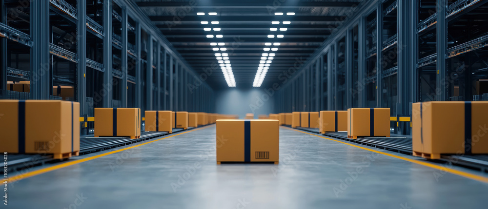 Poster a spacious warehouse with neatly arranged yellow boxes, illuminated by overhead lights, creating a p