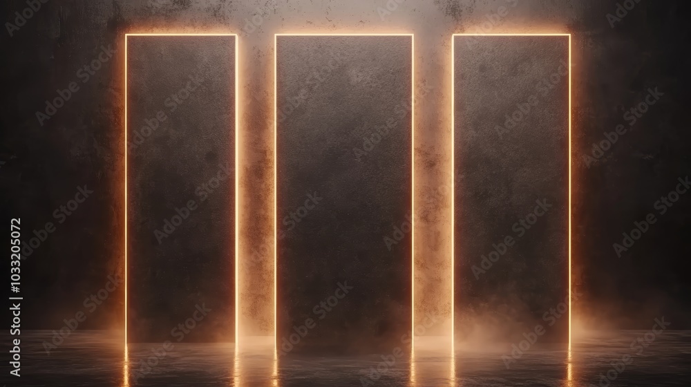 Poster a dark, atmospheric scene featuring three illuminated rectangular shapes with glowing edges, creatin