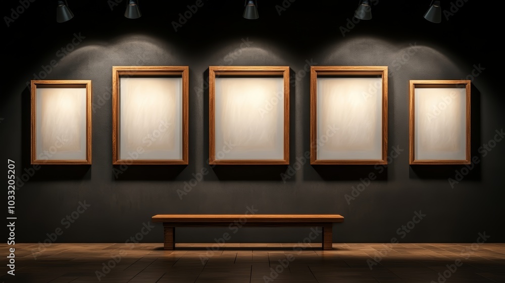 Poster a modern art gallery features empty frames illuminated by spotlights, accompanied by a simple wooden