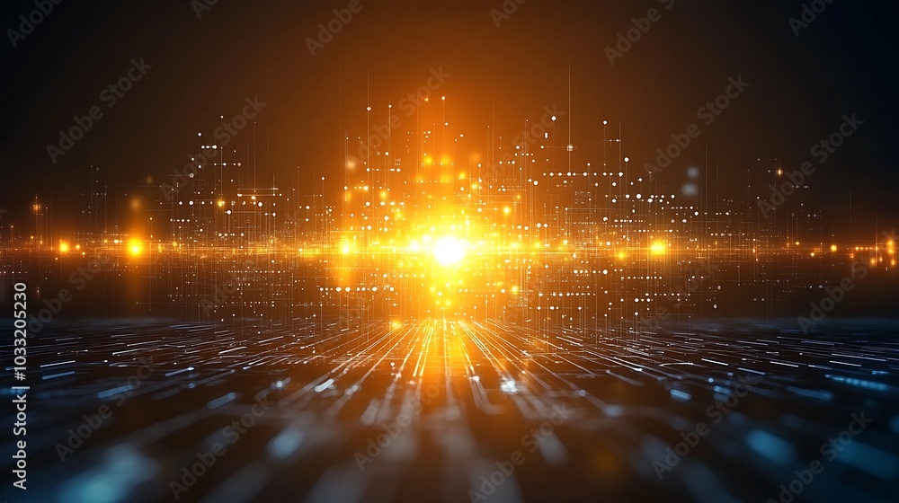 Poster exploring the boundless frontiers of light and data in a vibrant digital landscape of innovation and