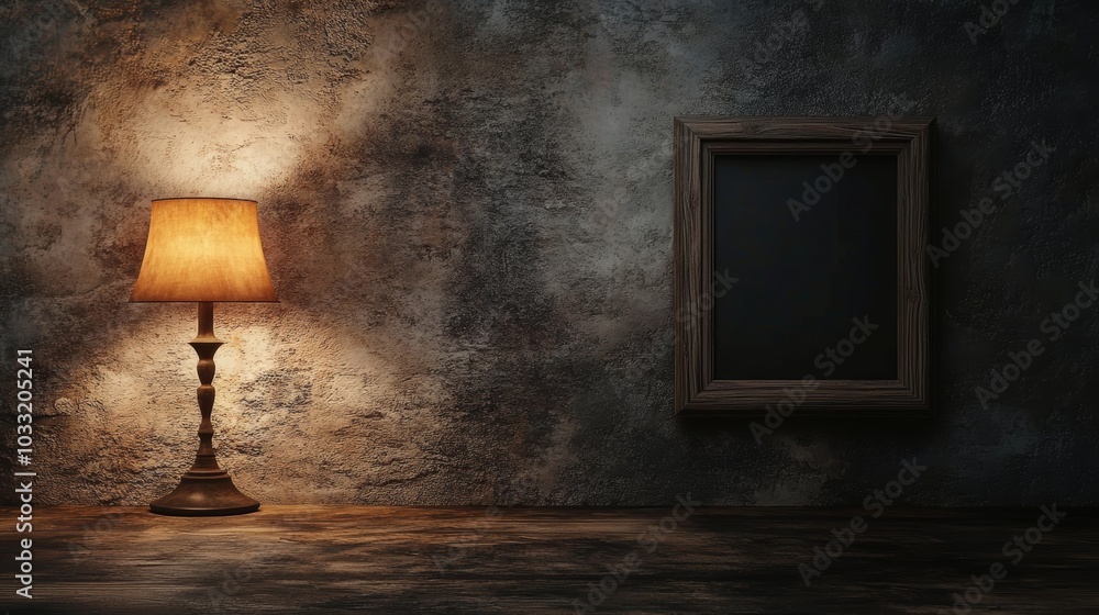 Poster a dimly lit room features a vintage lamp and an empty frame against a textured wall, creating an atm