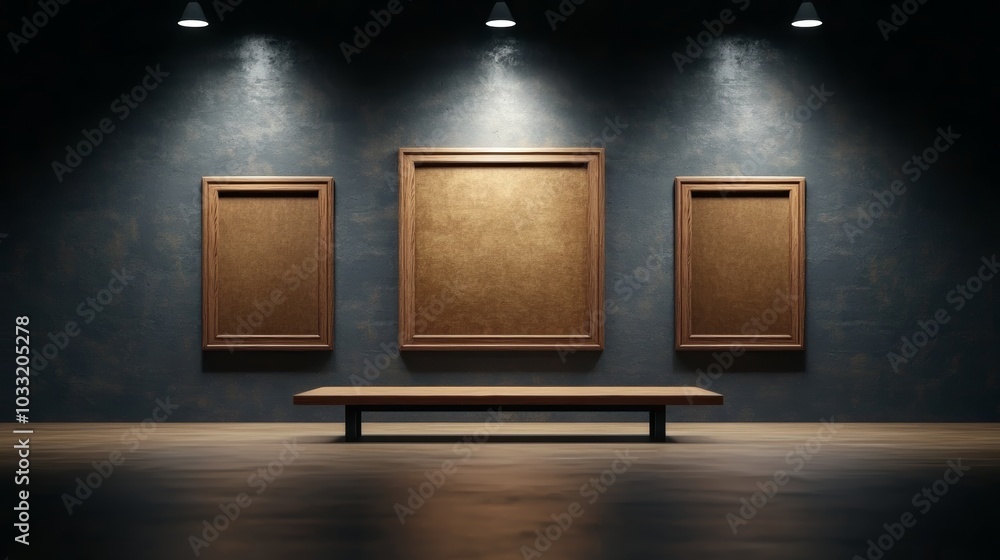 Poster a minimalist art gallery featuring three empty frames on a textured wall, illuminated by soft overhe