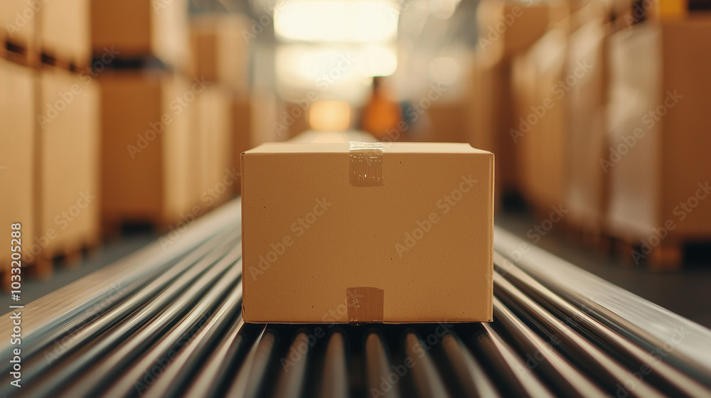 Poster a close-up view of an unmarked cardboard box on a conveyor belt, surrounded by stacked boxes in a wa