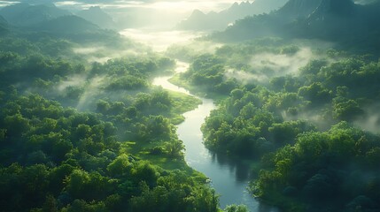 Fototapeta premium Aerial view of a winding river flowing through a lush green forest with morning mist.