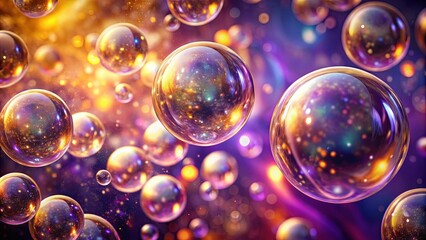 A symphony of iridescent spheres, each capturing a swirling cosmic landscape, suspended in a sea of shimmering light and dust
