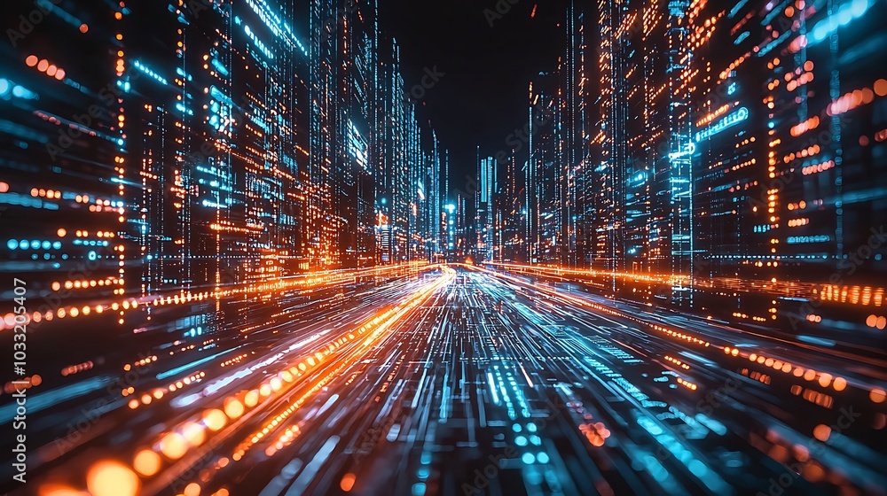 Poster dynamic urban landscape of light trails exploring the fusion of technology and modern architecture i