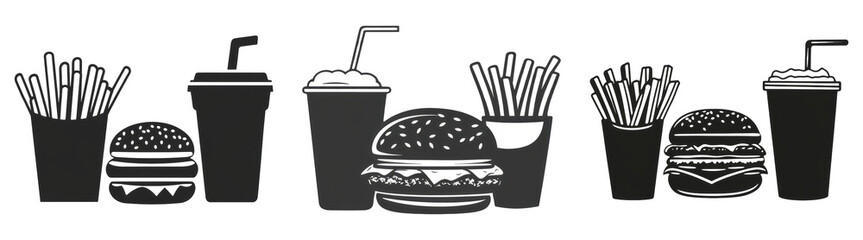 Black and White Fast Food Icons Isolated on Transparent PNG Background Ideal for Food Menu Designs or Restaurant Branding