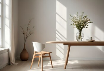 A wooden table with a vase of flowers in a minimalist natural-lit room.