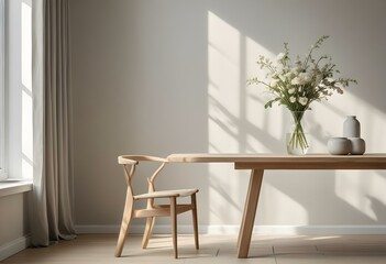 A wooden table with a vase of flowers in a minimalist natural-lit room.