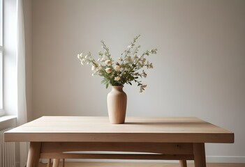 A wooden table with a vase of flowers in a minimalist natural-lit room.