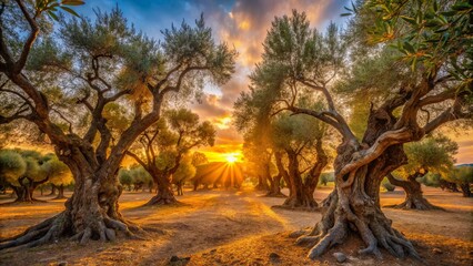 Sunlight streams through the branches of an ancient olive grove, casting long shadows on the golden ground.