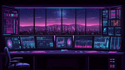 Obraz premium Futuristic Night City Control Room with Neon Lights