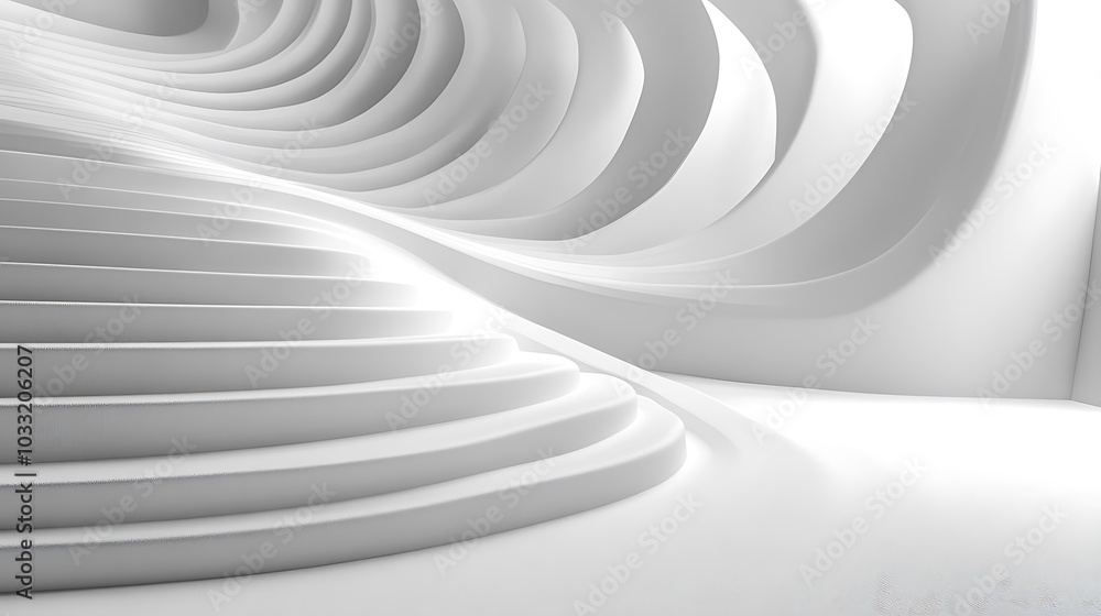 Poster exploring the fluidity and elegance of white curved structures in contemporary design and architectu