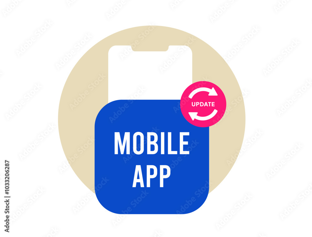 Poster Mobile app update improves user experience with new features and bug fixes. Mobile phone app icon with a notification for an application with the ability to update. Isolated vector illustration