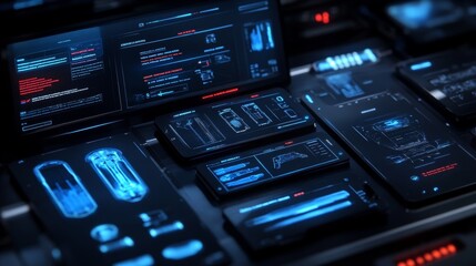 Obraz premium Futuristic Tech Interface Design Digital Displays and Data Analysis