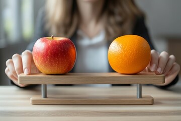 Comparison, decision to choose alternative choices, doubt or thoughtful compare good and bad things for best result, options concept, business woman compare orange and apple while balance on, Generati
