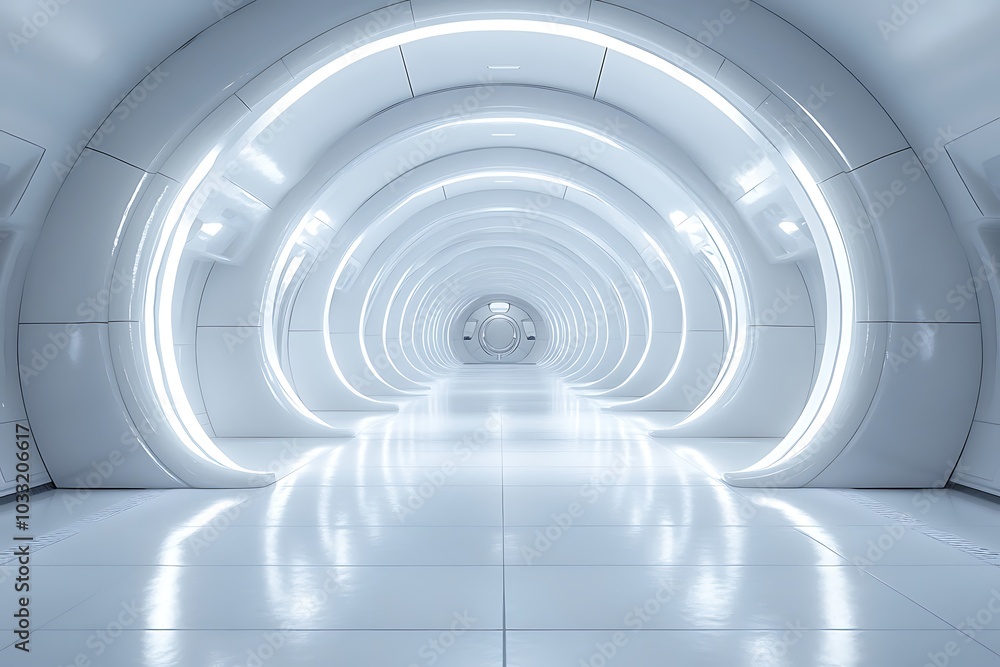 Poster futuristic tunnel design with sleek white walls and ambient lighting creating a sci-fi atmosphere in