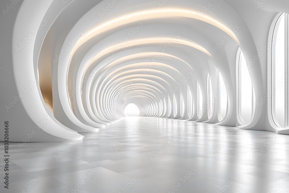 Poster exploring the elegance of modern architecture a journey through a light-filled curved hallway in a m