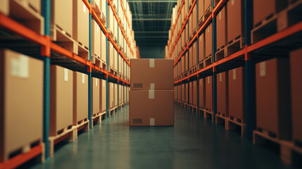 A warehouse aisle filled with neatly stacked cardboard boxes, highlighting an organized storage space with one box prominently positioned in the center.