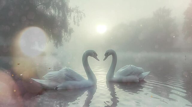 foggy lake with swans romantic background seamless looping overlay 4k virtual video animation background