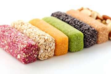 Colorful cereal bars in a row with various ingredients