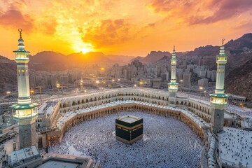 Sunset at the Haram Mosque, with thousands of pilgrims performing evening prayers