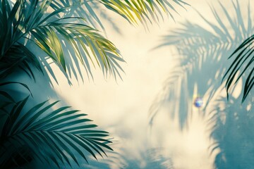 Palm leaves cast shadows on a cream-colored wall, creating a tropical and natural background.