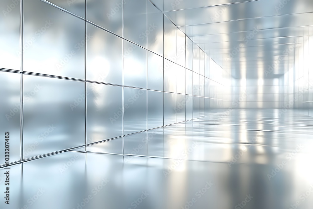 Poster a futuristic reflection of light and space in a sleek metallic corridor with an ethereal atmosphere 