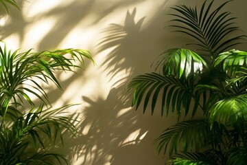 Sunlight casts shadows from lush green palm leaves on a cream colored wall.