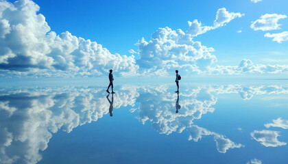 A vast, perfectly still lake that reflects the sky so flawlessly it feels like floating in mid-air