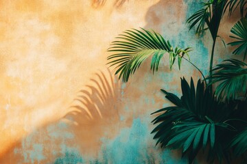 A lush green palm frond against a warm yellow wall, casting a shadow of its leaves.