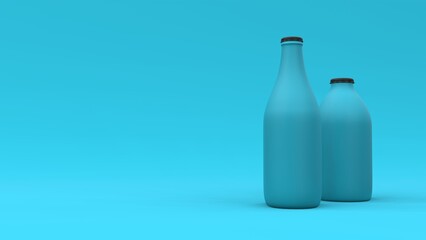 Two bottles on the blue background with floating spheres. Package design. 3d illustration.