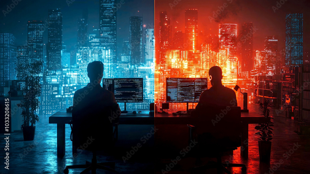 Poster a split image showing two individuals in contrasting environments, one blue and one red.
