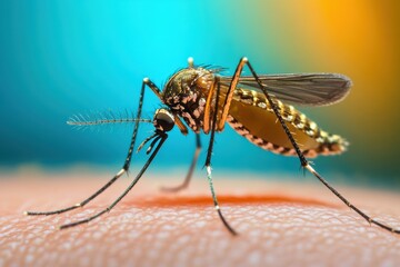 Close-up of a mosquito landing on skin with detailed wings and legs