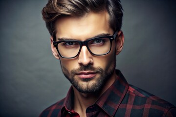 Fototapeta premium A man in a blue suit and glasses stands in front of a wall