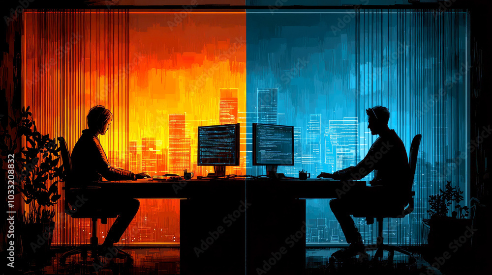 Aufkleber a split image showing two individuals working at computers, one in warm tones and the other in cool 
