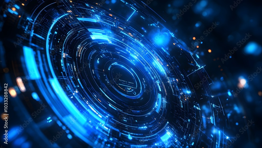 Poster abstract futuristic background with blue glowing circular elements and holographic technological pat