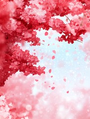 Obraz premium Red cherry blossom branches with falling petals on light sky background
