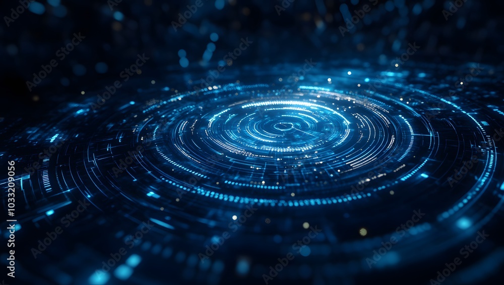 Poster abstract futuristic background with blue glowing circular elements and holographic technological pat