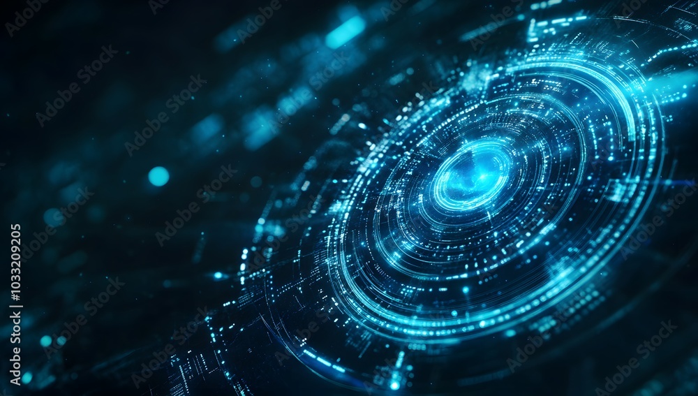 Poster abstract futuristic background with blue glowing circular elements and holographic technological pat